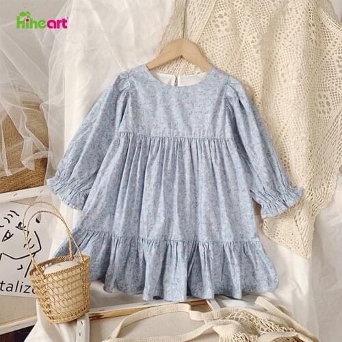 Hiheart Floral Girls Vintage Smocked Dresses Cute Sweet Shirt Spring Autumn Baby Kids Long Sleeve Print Princess Flower Clothes