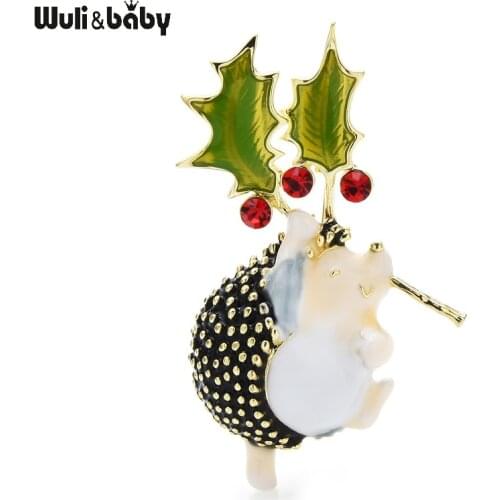Wuli&baby Cute Hedgehog Holding Leaf Red Crystal Beans Brooches Lucky Enamel Animal Jewelry Badge Pins