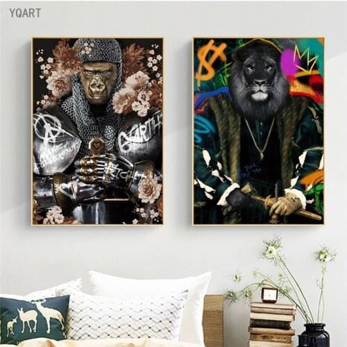 Funny Artwork Gorilla Knight and Lion King Animal Canvas Prints European Noble Art Prints Home Living Room Decoration Pictures
