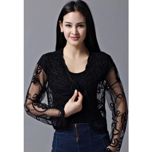 Women Summer Long Sleeve Bolero Jacket Thin Perspective Shawl Shrug Top Pearl Button V Collar Mesh Embroidery Lace Cardigans