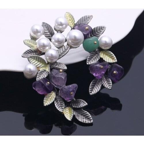 Colorful Natural Stone Leaf Brooches Pins Vintage Style Imitation Pearl Big Women Brooch Wedding Accessories Fashion Jewelry