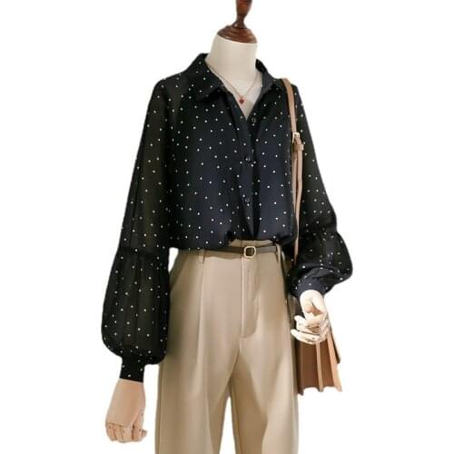 Black Polka Dot Chiffon Women Shirts Summer New 2021 Turn-Down Collar Lantern Sleeved Loose Elegant Office Lady Outwear Tops