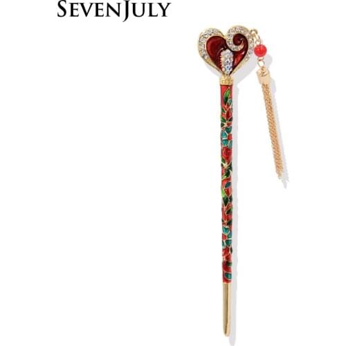 Romantic Crystal Rhinestone Love Heart Hair Stick Enamel Flower Headwear Women Tassel Hair Jewelry Accessory