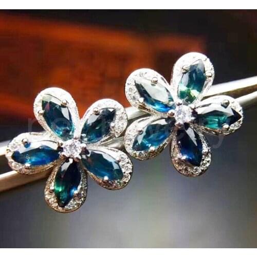 Natural authentic sapphire flower stud earring 0.35ct*10pcs gemstone Free shipping 925 sterling silver Fine jewelry J9110005T