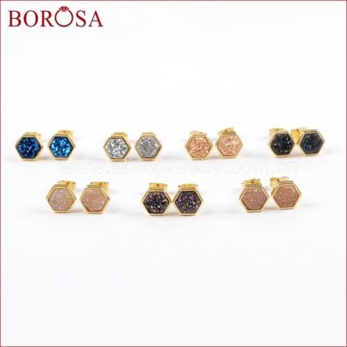 BOROSA 5/10Pairs Gold Color Bezel Hexagon Rainbow Titanium Druzy Stud Earrings Fashion Drusy Earrings for Women Jewelry ZG0275