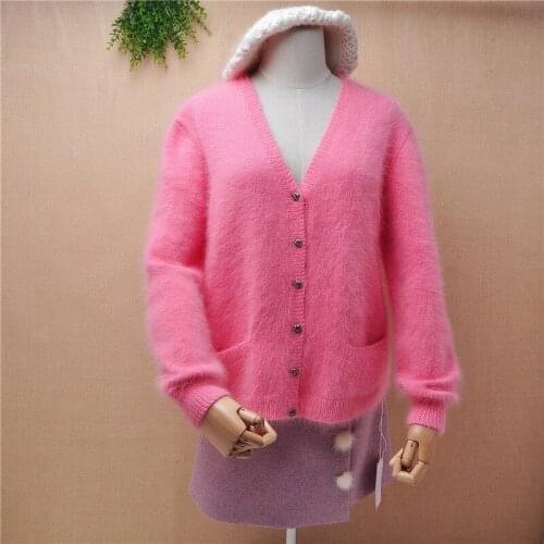 K196 ladies women fashion sweet pink mink cashmere deep v-neck loose cardigans button angora fur knit jacket winter coat sweater