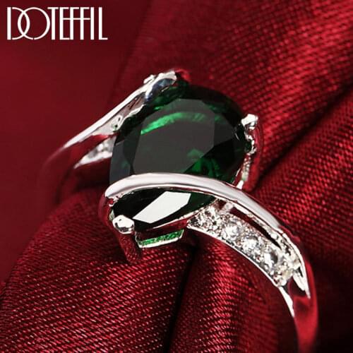 DOTEFFIL 925 Sterling Silver AAA Zircon Green Crystal Ring For Women Fashion Wedding Engagement Party Charm Jewelry