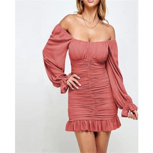 Women Long Sleeve Off-shoulder Dress With Ruffled Hem Solid Color Square Collar Pleated Bodycon Dress Causal Slim Midi Dress