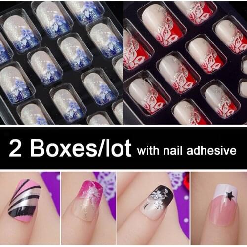 2 Boxes/lot 2 patterns mixed fake nails with nail adhesive full cover square fake nails acrylic press on nails false nail tips