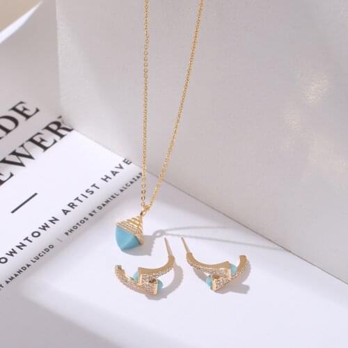 2021 New Romatic Womens Fashion 2 Pcs Necklace & Earrings Set Caolorful stone Simple Design Gold Necklace Earring Jewelry Set