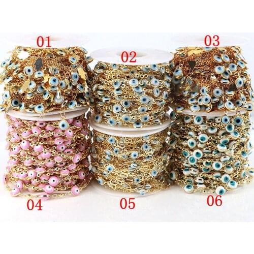 5 Meters, Fashion 6mm Copper Eye Chain Gold White Pink Turkey Eye Rosary Beads Chain Wholesale DIY Chain Findings