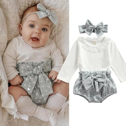 3pcs Newborn Baby Girls Clothes Set Solid Long Sleeve Bodysuit Tops Printed Shorts Bow Headband Spring Autumn Baby Outfit