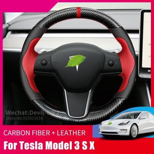 For Tesla Model 3 S X steering wheel cover leather hand-stitched carbon fiber suede leather special grip cover car accessories