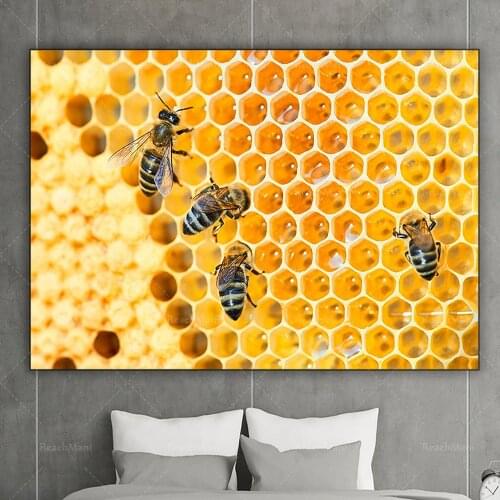 Four small pillars of bees collect honey in a honeycomb Supernatural photography wall printing of flying bees poster for room de