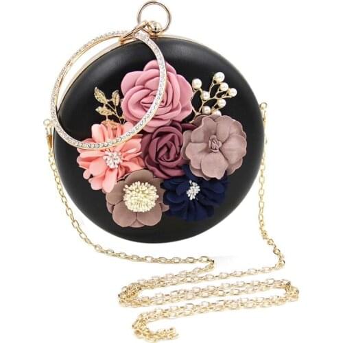 Flower Clutch Bags Round Shape Wedding Party Evening Handbag Black
