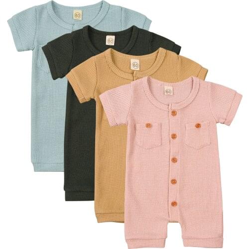 0-24M Newborn Baby Romper Jumpsuit 2021 Summer Baby Boys Girls Clothes Solid Color Short Sleeve Pocket Romper Toddler Outfits