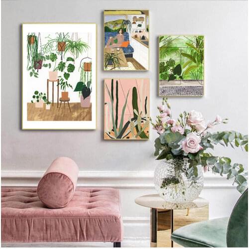 Fashion Girl Plants Leaves illustration Wall Art Canvas Painting Nordic s And Prints Wall Picture For Living Room Decor
