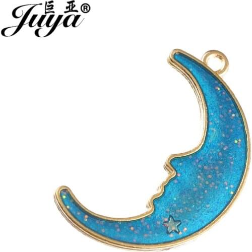 JUYA New Alloy Metal Women Chic Necklace Earring Accessories 19.7x32.5mm Blue Star Moon Pendant for DIY Jewelry Gifts AO0419