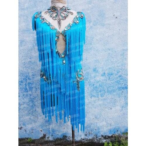 New Competition fringe Latin dance dress salsa dress competition dresses turquoise color purple custom size