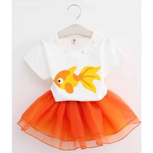 Girls Dresses Girls Clothing Sets Summer Childrens Clothing Animal Goldfish Printing T-Shirts + Sweet Mesh Fluffy Skirt Suit
