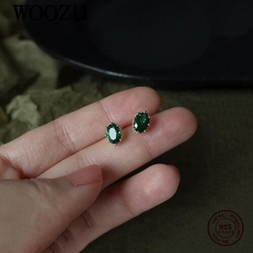 WOOZU 14k Gold Plated 925 Sterling Silver Geometric Green Crystal Zircon Stud Earrings For Women Party Korean Teen Jewelry Gift