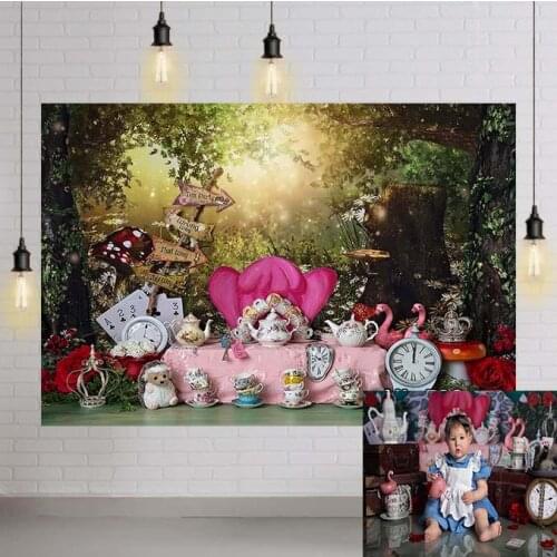 Fairy Tale Princess One Birthday Cake Smash Backdrop Alice Wonderland Tea Party Background Photography Dreamy Forest Photocall