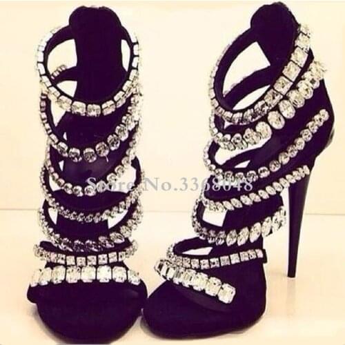 Rhinestone Gladiator Sandals Sexy Strappie Crystal Beading Women Shoes 2018 Hollow Out Cover Heels Woman Night Club Dress Shoes