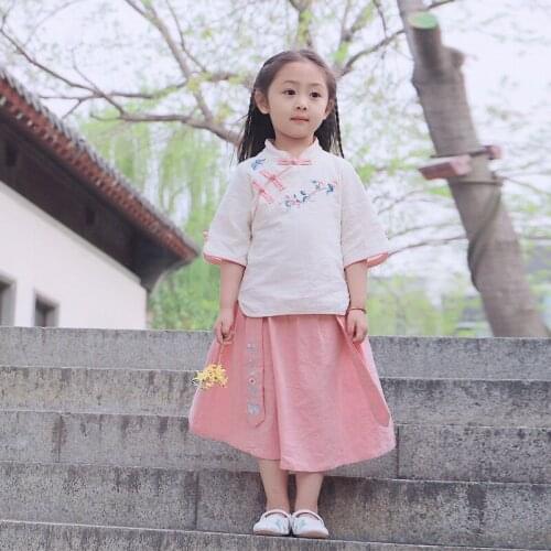 High Quality Summer Clothes Girls Children Han Clothes Kawaii Baby Cheongsam Tang Suit 2Pcs Shirt + Princess Dress 2021