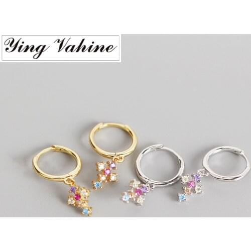 Ying Vahine 100% 925 Sterling Silver Multicolor Zircons Small Cross Pendant Drop Earrings for Women