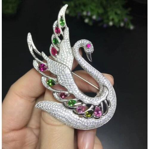 Natural Multicolor diopside peridot Luxury big swan brooch Pendant natural topaz brooch S925 silver women party gift jewelry