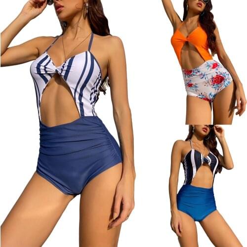 Women Casual Swimsuit Stripe/ Floral Printed Pattern V-neck Sleeveless Swimwear Orange/ White/ Navy
