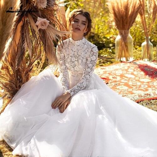 Elegant Long Sleeves Wedding Dresses 2021 Top Lace Tulle A-line Boho Bridal Gowns High Neck Arbic Bride Dress Vestido De Novia