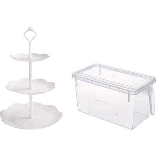 1set Europe Tray Plastic Serving Platter Cake Stand B & 6PCS Food Storage Containers Freezer Refrigerator Storage Box
