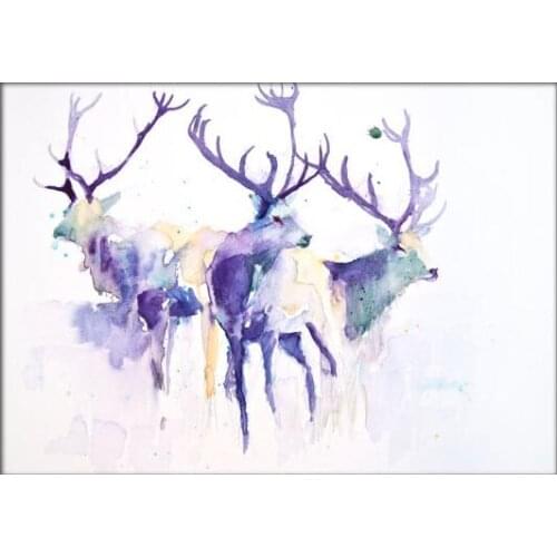 100% Hand Painted Watercolor Abstract Three Deer Heads Oil Painting Unique Handmade Wall Art Decorative Animal Acrylic Picture