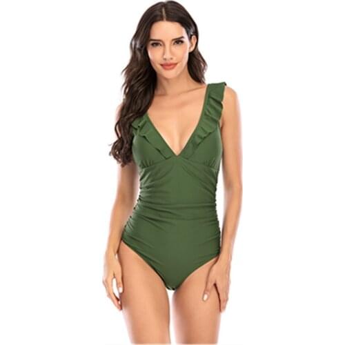 2021 New Solid Color Nylon Swimsuit Sexy Siamese Ruffled European and American Popular Style Women Fashion Gift