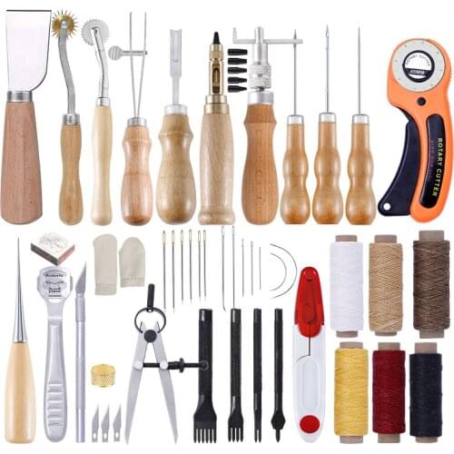 LMDZ 53 Pcs Beginners Leather Work Tools with Instructions Leather Groover Prong Punch and Other Tools for Leather Working