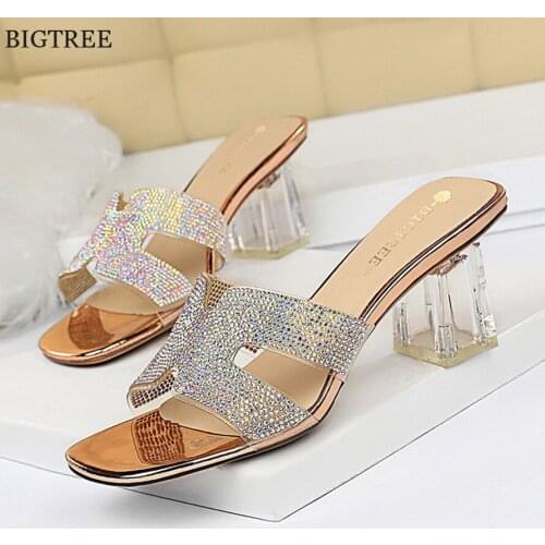 Delicate Hollow Transparent PVC Rhinestone Women Slippers New Korean Open Toe Crystal Thick Heels Shoes Sexy Daily Female Sandal