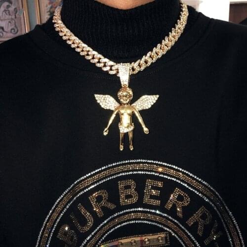 Iced Out Miami Cuban Link Chain God Pendant Necklace Pave Cubic Zircon MenS Gold Color Angle Necklace Hip Hop Jewelry