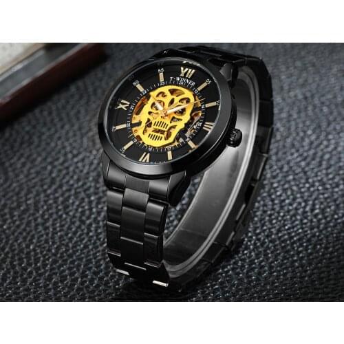 WINNER Steampunk Skull Auto Mechanical Watch Men Black Stainless Steel Strap Skeleton Dial Fashion Cool Design Wrist Watches