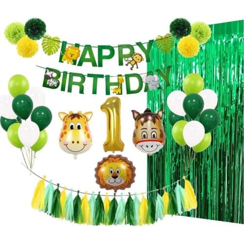 Baby 1st Birthday Party Balloons Decoration Set Animal Ballons Wild Jungle Theme Green Foil Tinsel Curtain Decor for Children