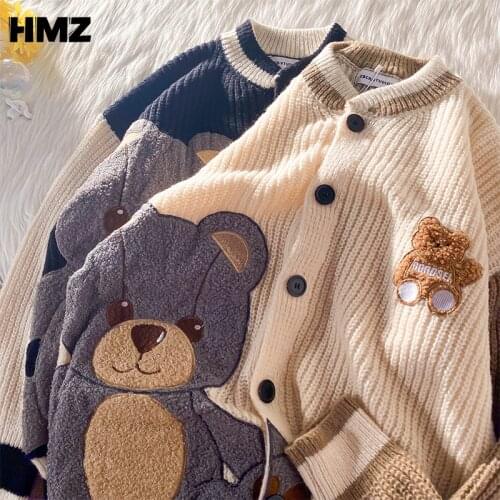 HMZ Bear Patchwork Knitted Jumpers Sweaters Streetwear Harajuku Cardigan Sweaters Casual Pullover Knitwear Mens Fashion Tops