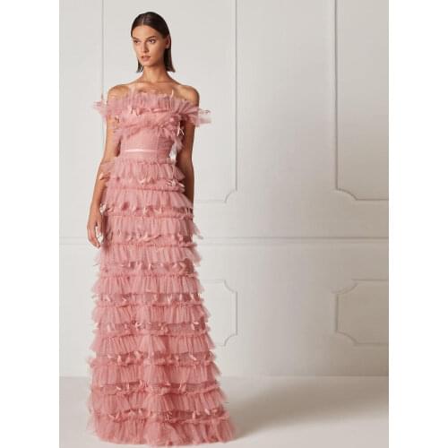 Elegant Exquisite Pink A-line Women Dress Off-the-shoulder Tulle Ruffles Layered Feathers Floor Length Dresses