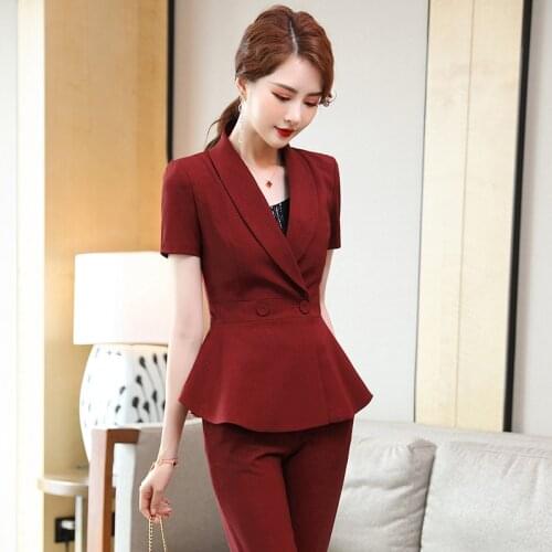 IZICFLY Summer Style New Red Slim Professional Business 2 Piece Set Women Suit Blazer And Pants Elegant Office Work Wear