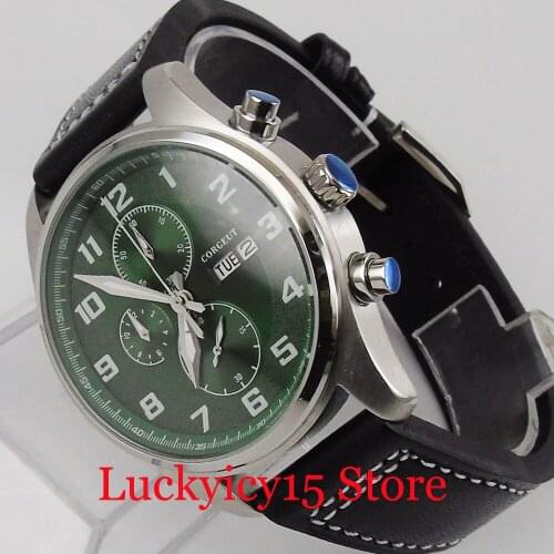 Classic Men Watch Quartz Battery Chronograph Date Week Green Dial Leather Strap Wristwatch