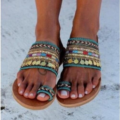 Summer 2021 womens toe flat sequins rhinestone patchwork ethnic style Roman sandals plus size women