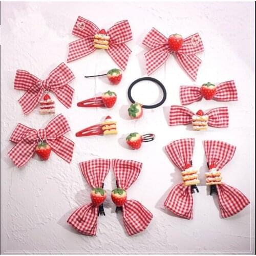 Sweet Girl Classic Plaid Strawberry Bowknot Hair clip Lolita Womens Kawaii Hair Pin Headwear Cosplay Side clip B952