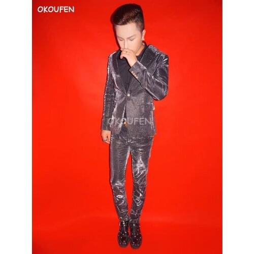 Fashion Slim Silver Black gradient Suit Men Stage Ds costumes Nightclub male DJ singer stage performance wear party show dress
