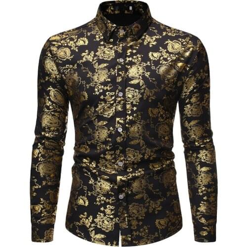 Mens Luxury Floral Shiny Printed Button Up Shirt Men Slim Fit Long Sleeve Dress Shirt Men Party Prom Tuxedo Shirts Male Camisas