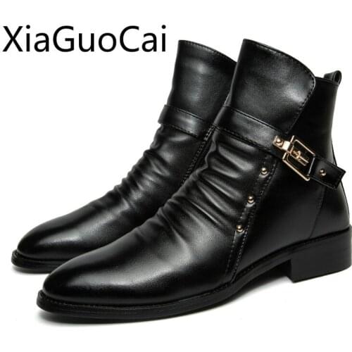 Pointed Toe Mens Martin Boots High-top Waterproof Mens Casual Shoes Pointed To Leather Male Ankle Boots
