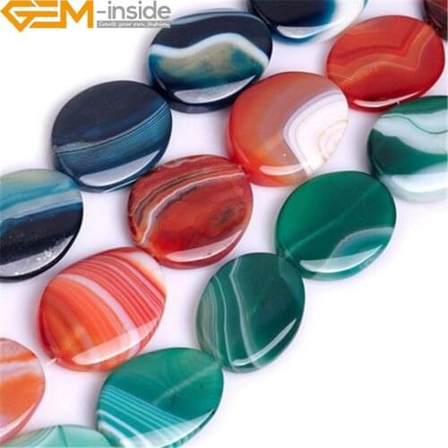 Natural Smooth Flat Oval Banded Blue Red Agates Stone Beads For Jewelry Making 9 Pcs Loose DIY